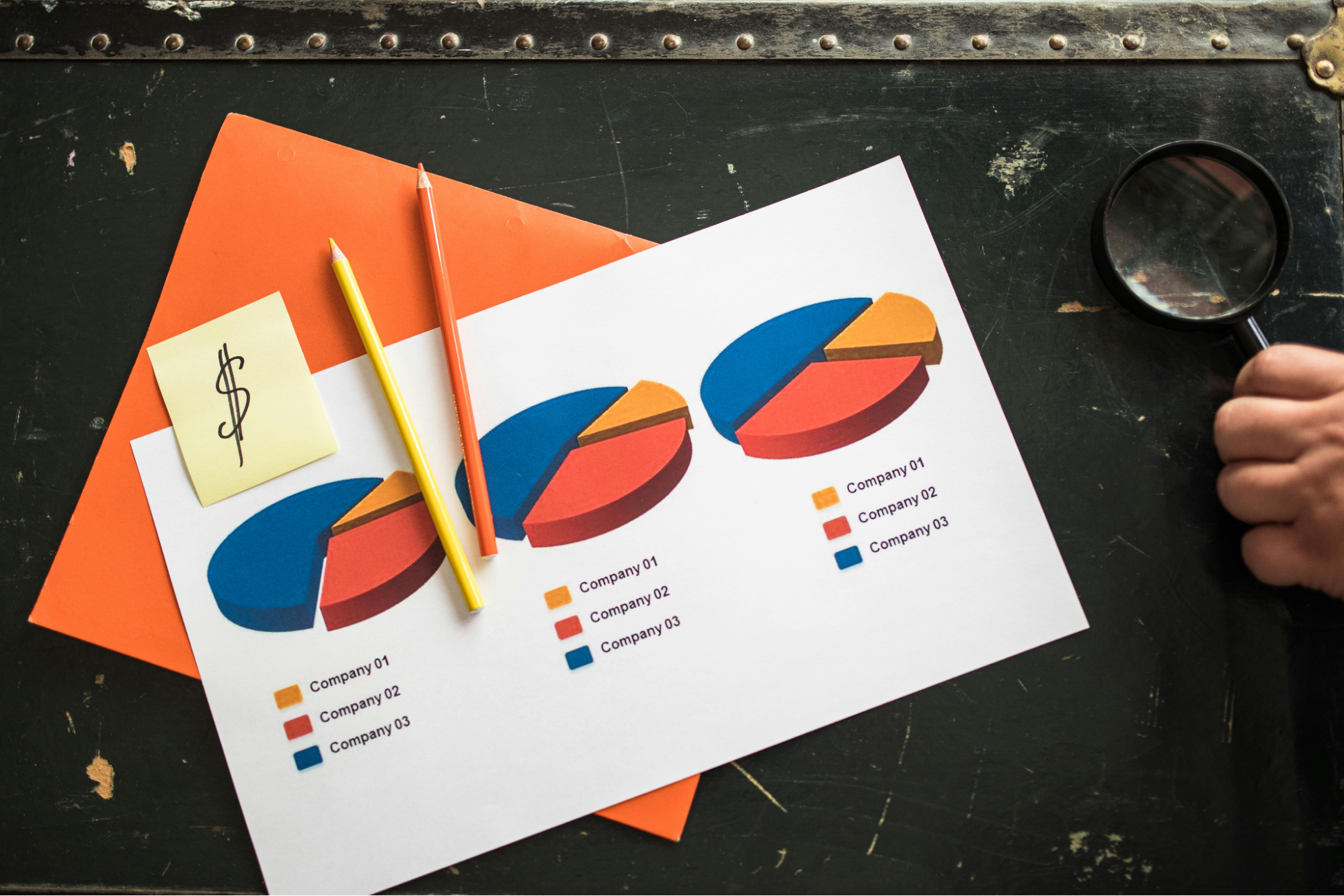 colorful pie charts at white paper 