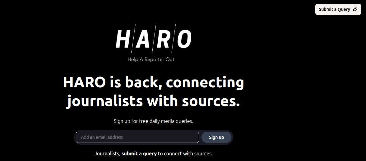 above the fold section of helpareporter.com 