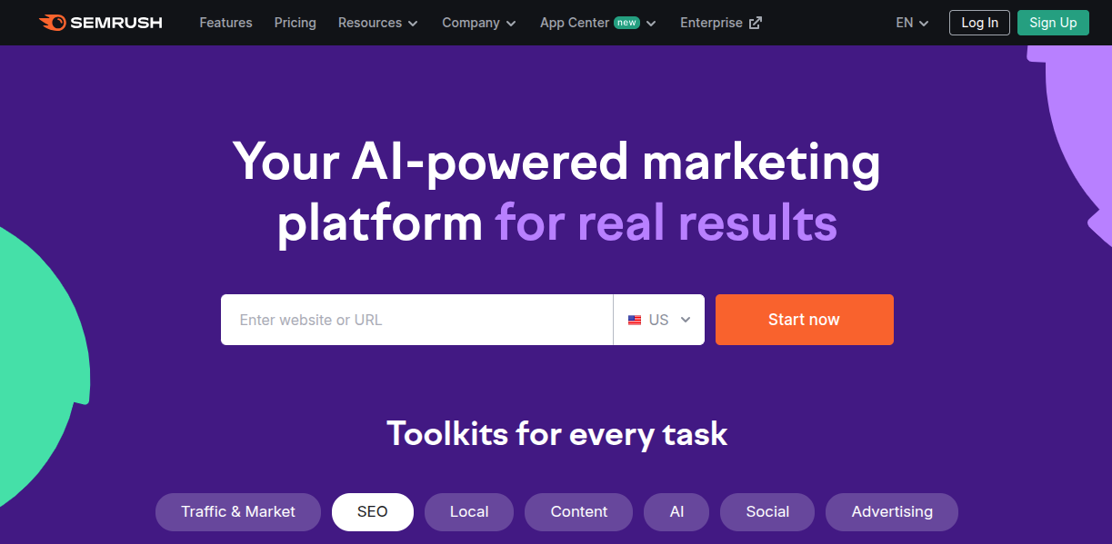 above the fold section of semrush