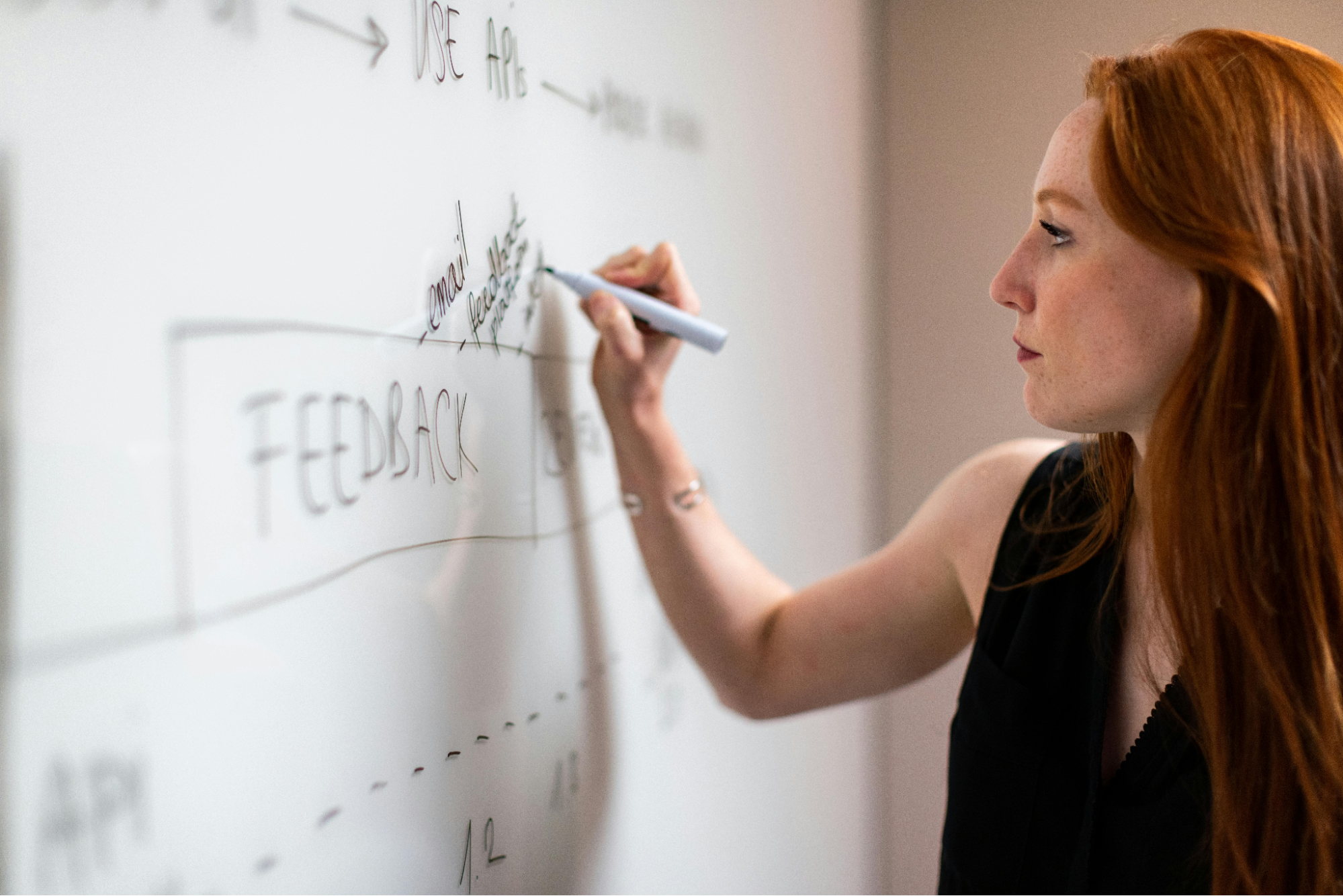 a women wearing black dress writing something on whiteboard