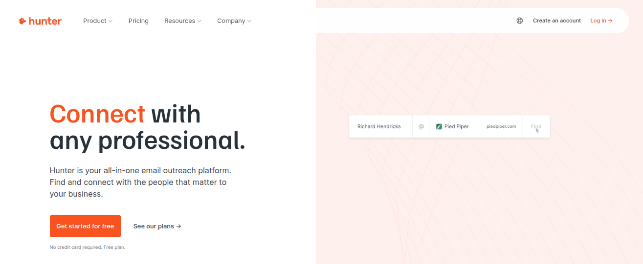 above the fold section of hunter.io 