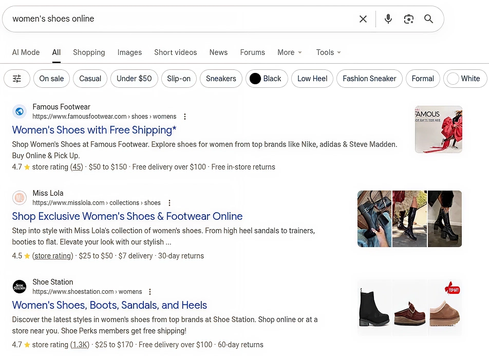 Schema markup in google search results for women’s shoes
