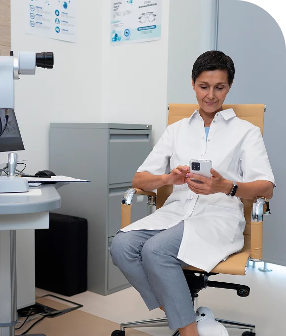 A female dentist sitting on a chair using her smartphone