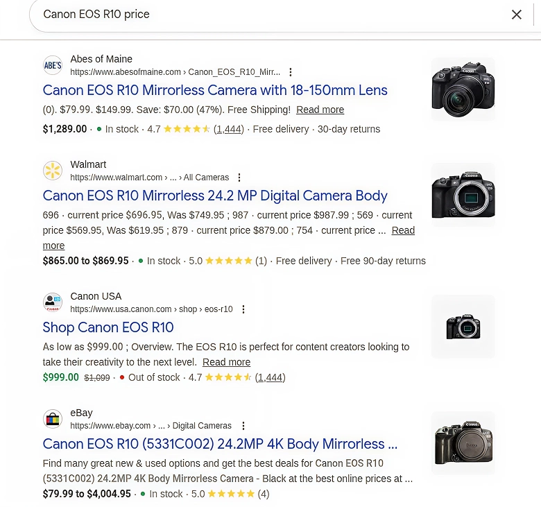 Google product comparison results for canon eos r10 price