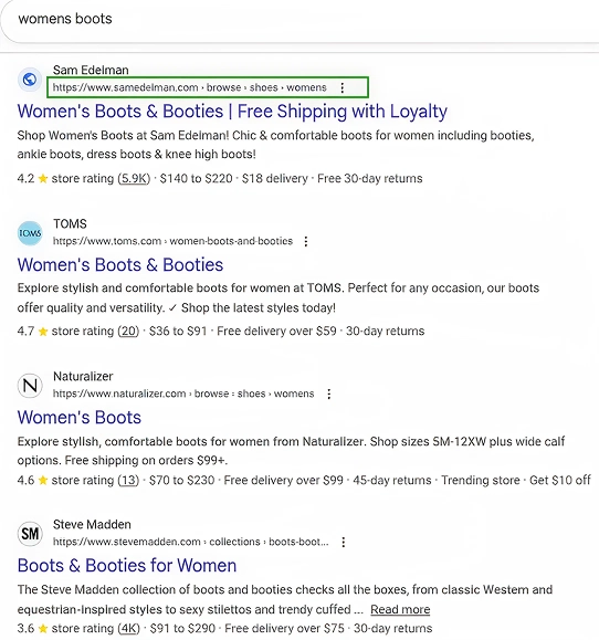 Breadcrumb schema shown in search results