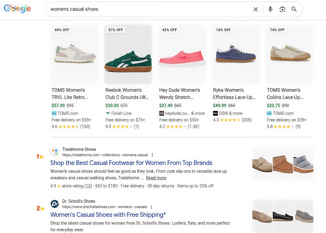 Google search results for women’s casual shoes