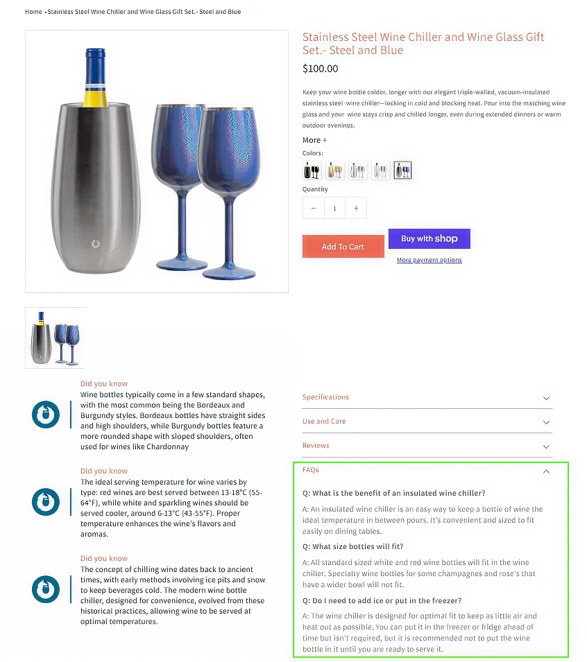 FAQ section on ecommerce product pages