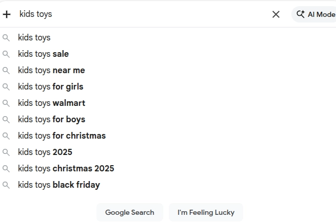 Google autocomplete predictions for kids toys