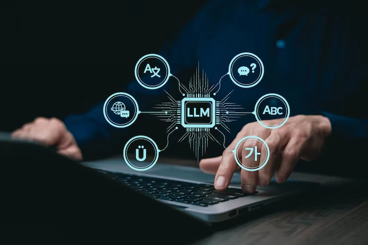 Person typing on laptop with LLM interface and multilingual language icons