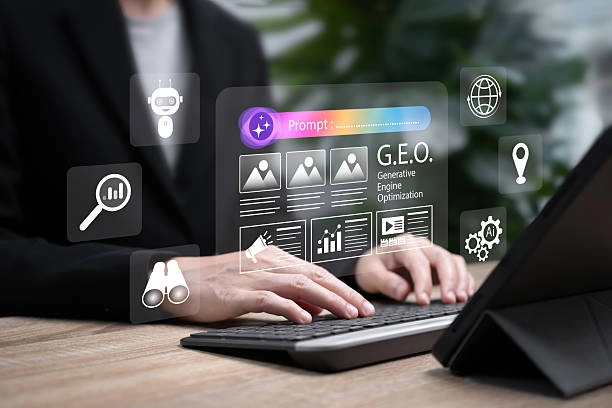 Person typing with GEO dashboard interface.