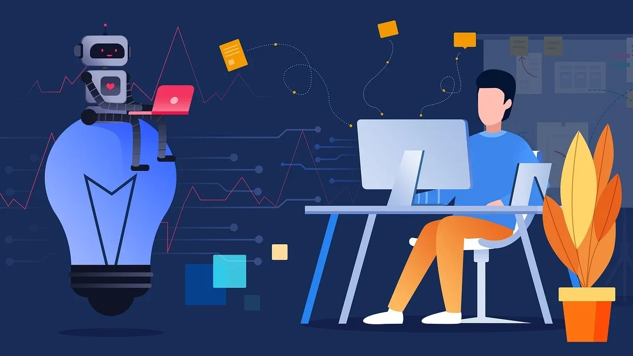 Person at a computer assisted by an AI robot generating ideas