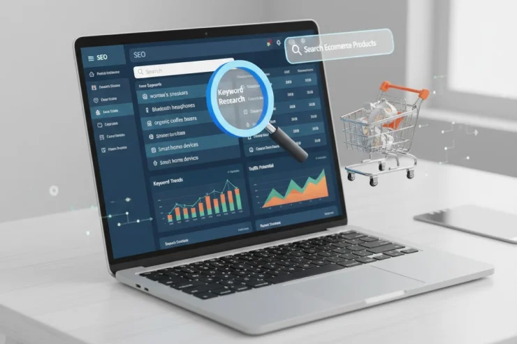 Laptop displaying ecommerce SEO keyword research dashboard