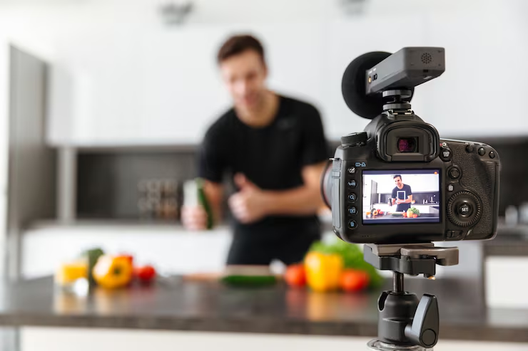 Camera filming a cooking video in a kitchen