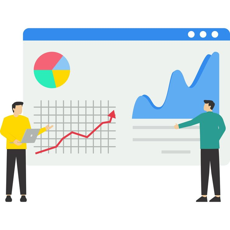 Illustration of two people reviewing a business analytics 