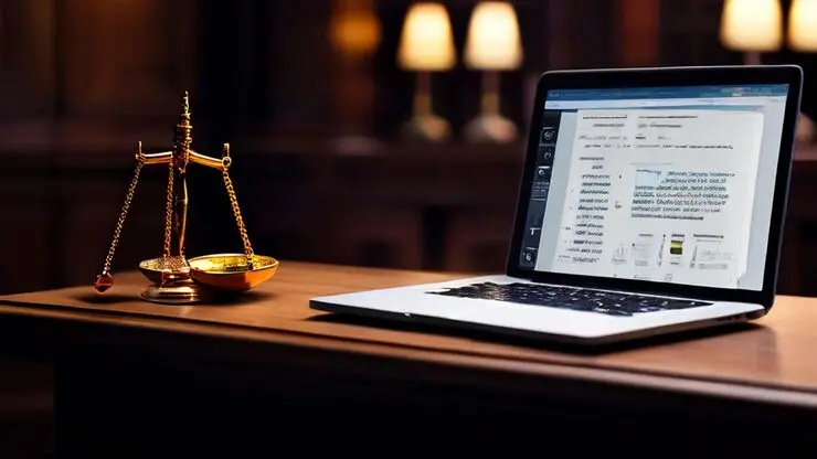 Law office scales and laptop displaying data.